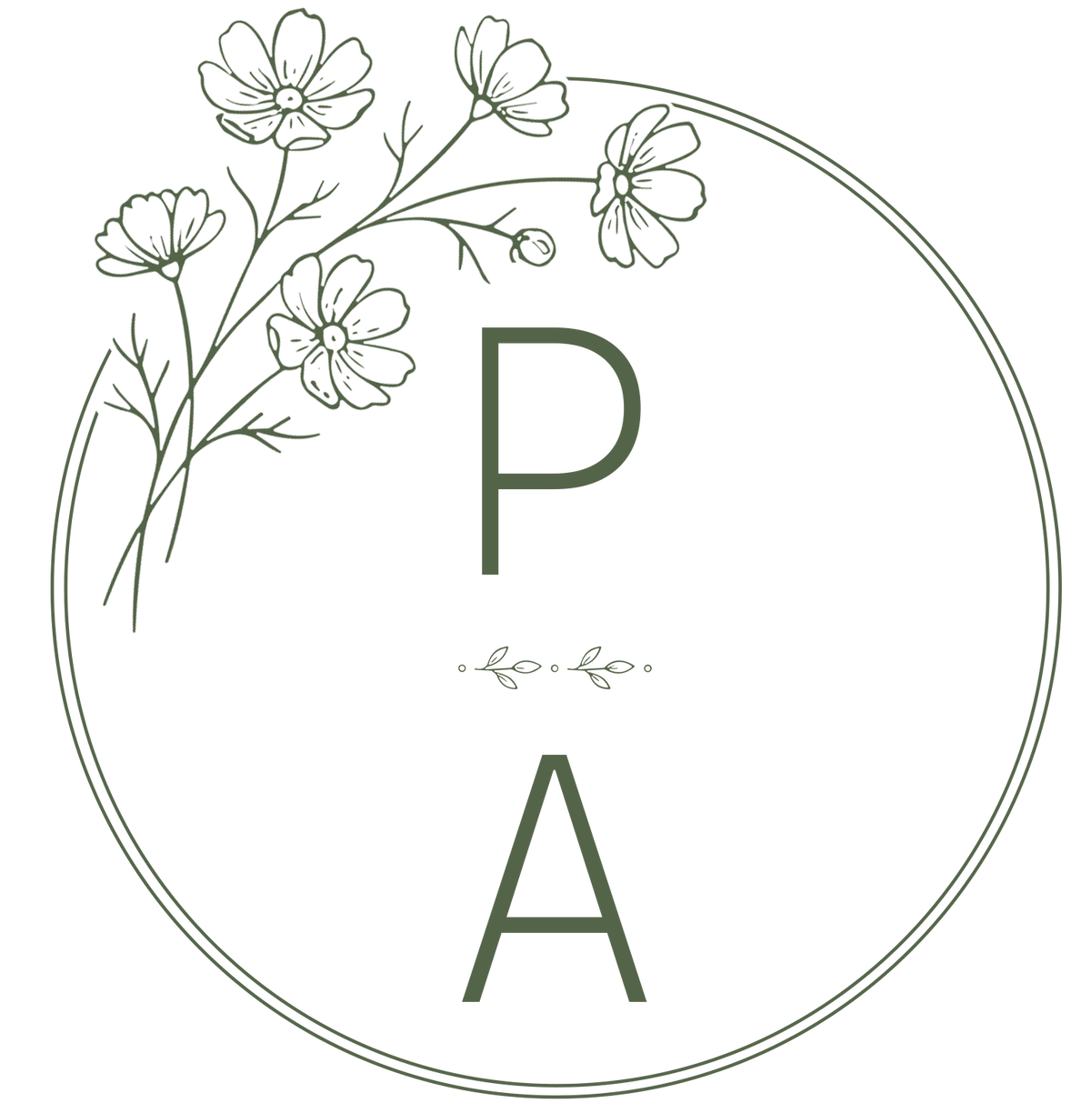 A circular logo design featuring the letters 'P' and 'A' in dark green serif font, with a delicate floral illustration in the upper left and a small leaf motif between the letters, all on a white background.
