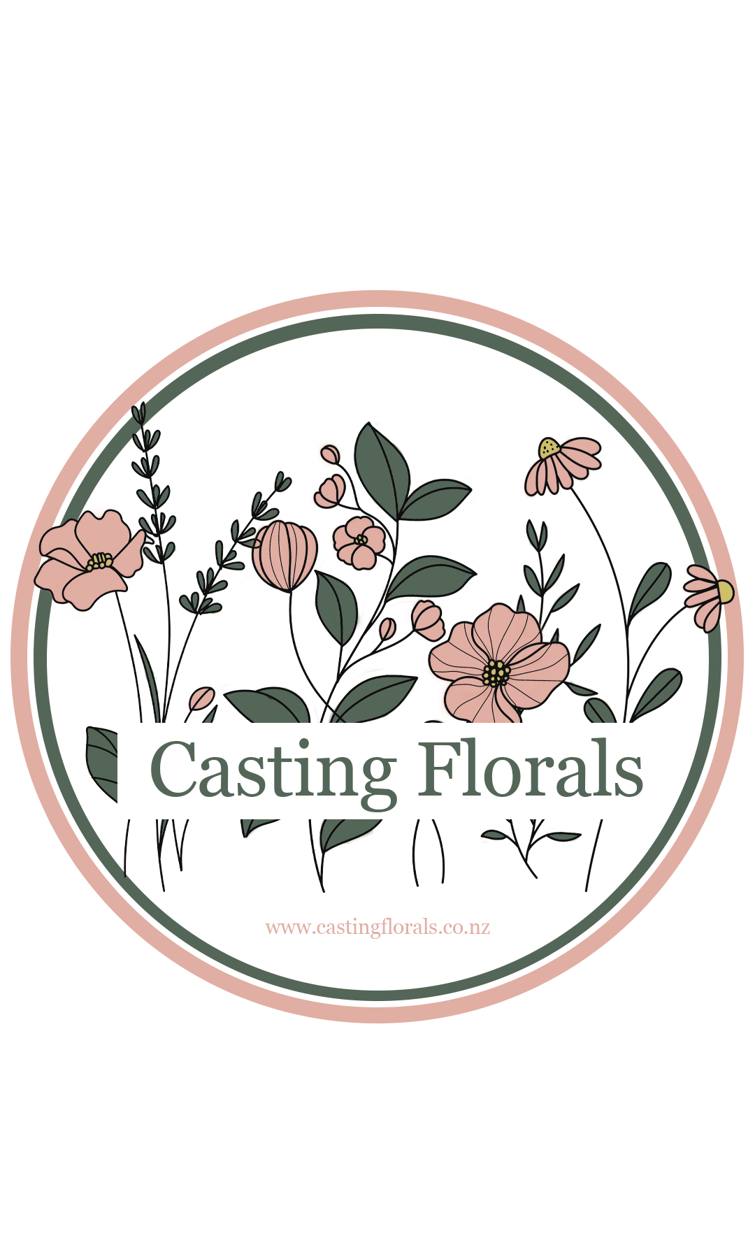 A circular logo for Casting Florals featuring delicate botanical line art with pink flowers, green leaves, and dark green text on a white background, framed by a soft pink and dark green border.